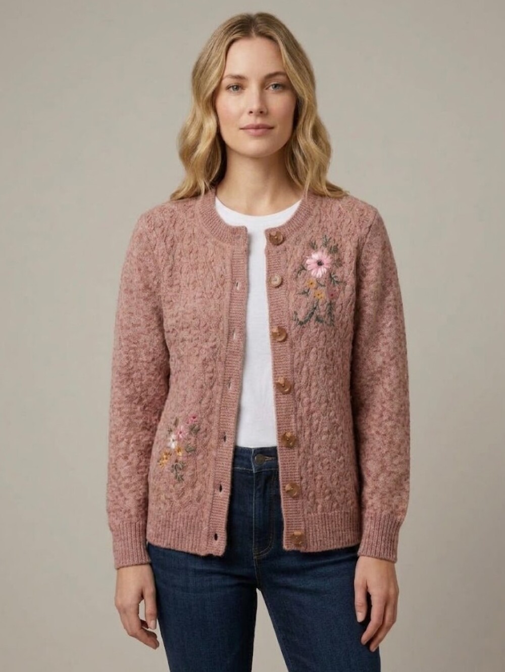 Vintage Embroidered Cable Knit Cardigan Sweater Dusty Rose Women's Medium